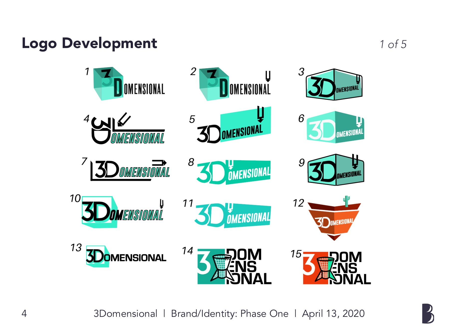 Logo development sheet 1 of 5 — concepts 1–15