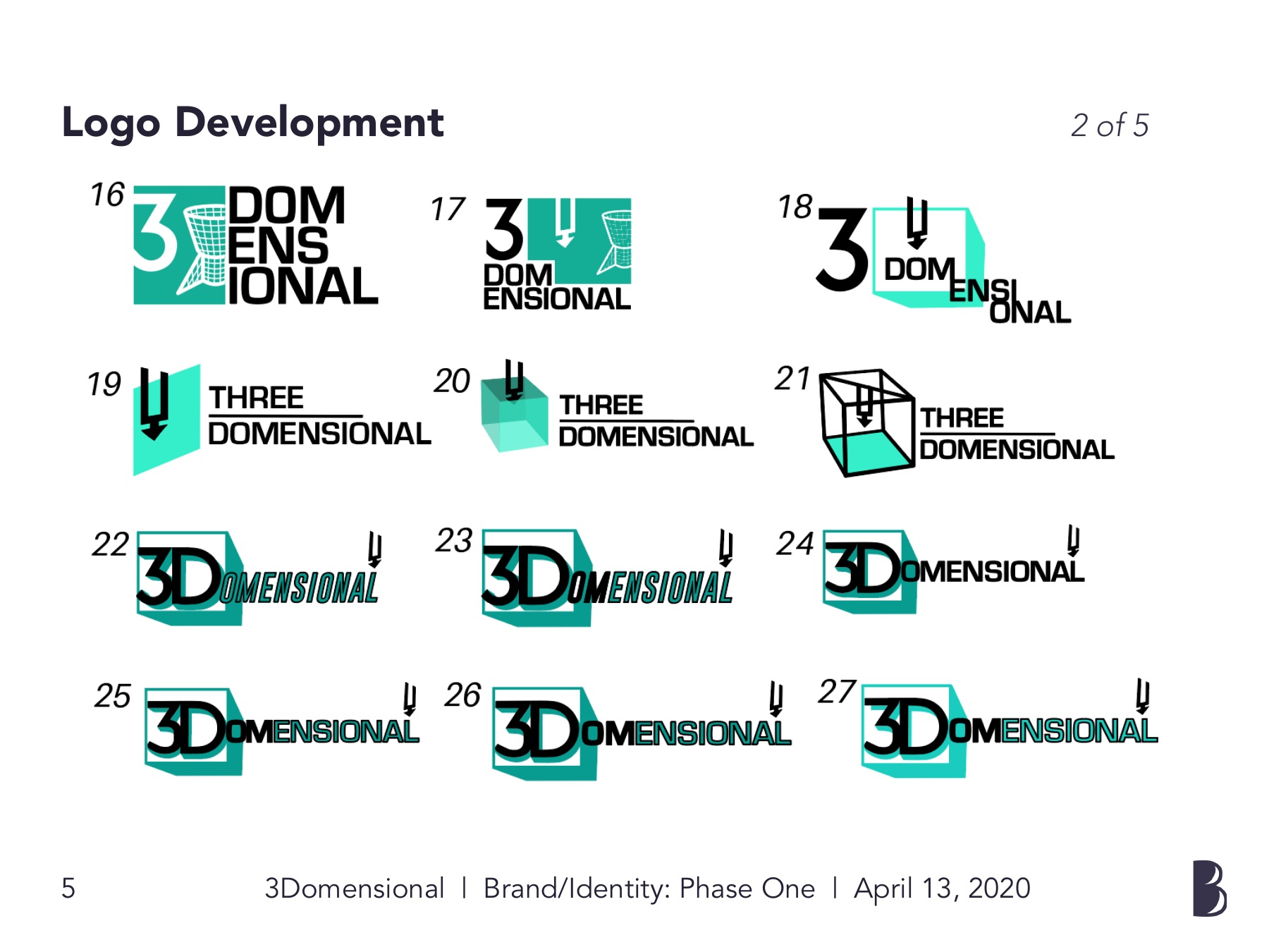 Logo development sheet 2 of 5 — concepts 16–27