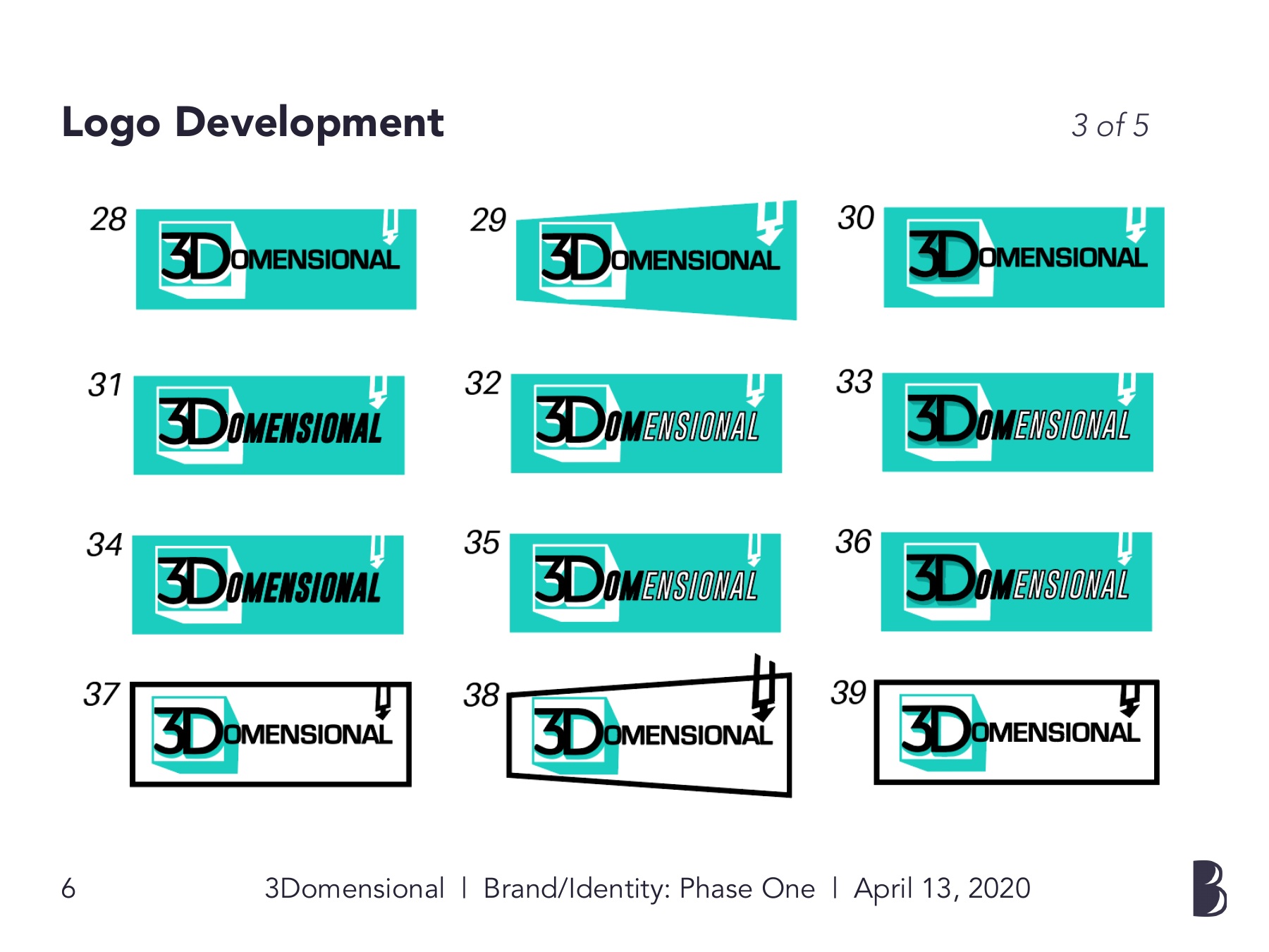 Logo development sheet 3 of 5 — concepts 28–39