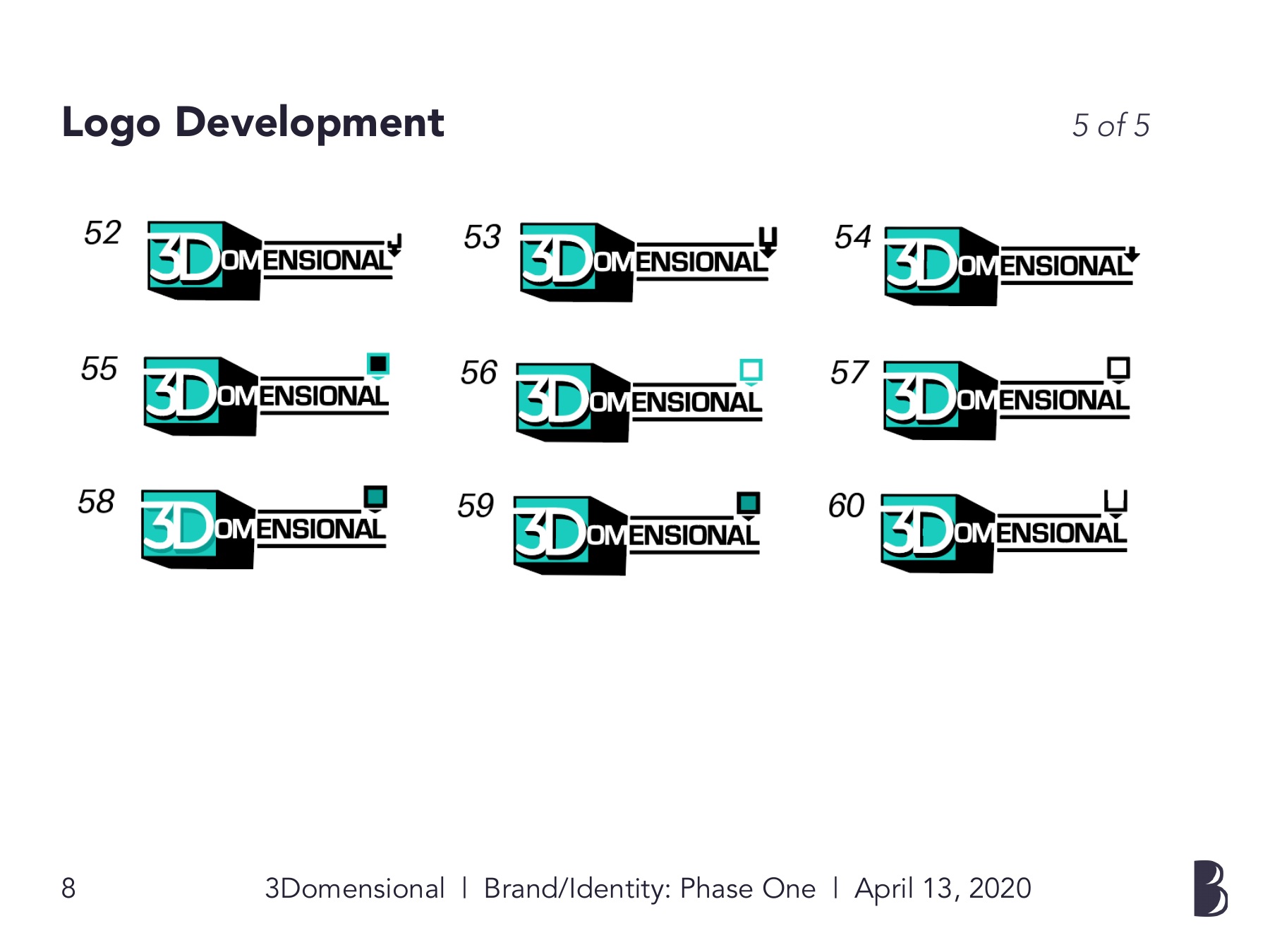 Logo development sheet 5 of 5 — concepts 52–60