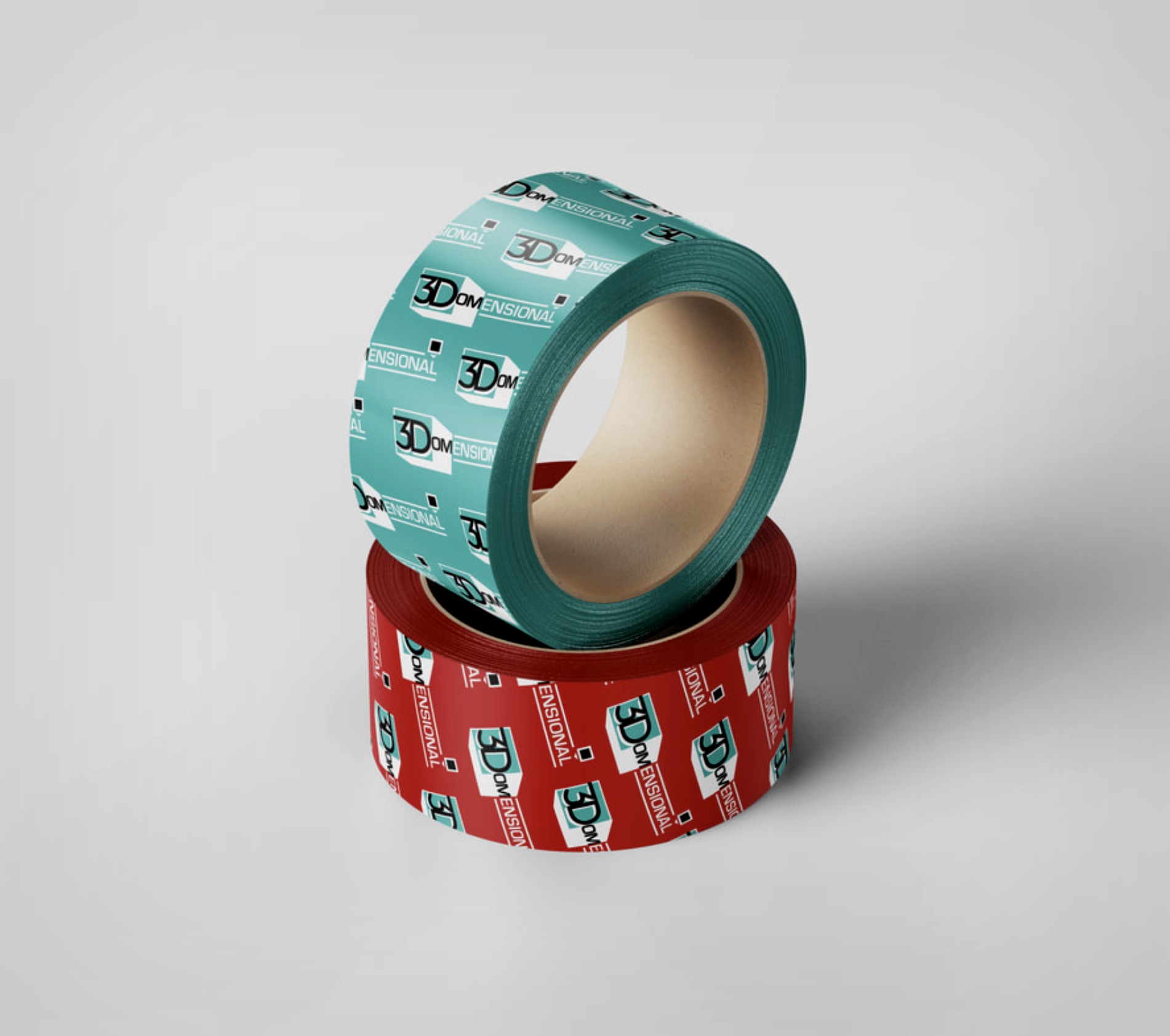 3Domensional branded packaging tape — teal and red colorways mockup