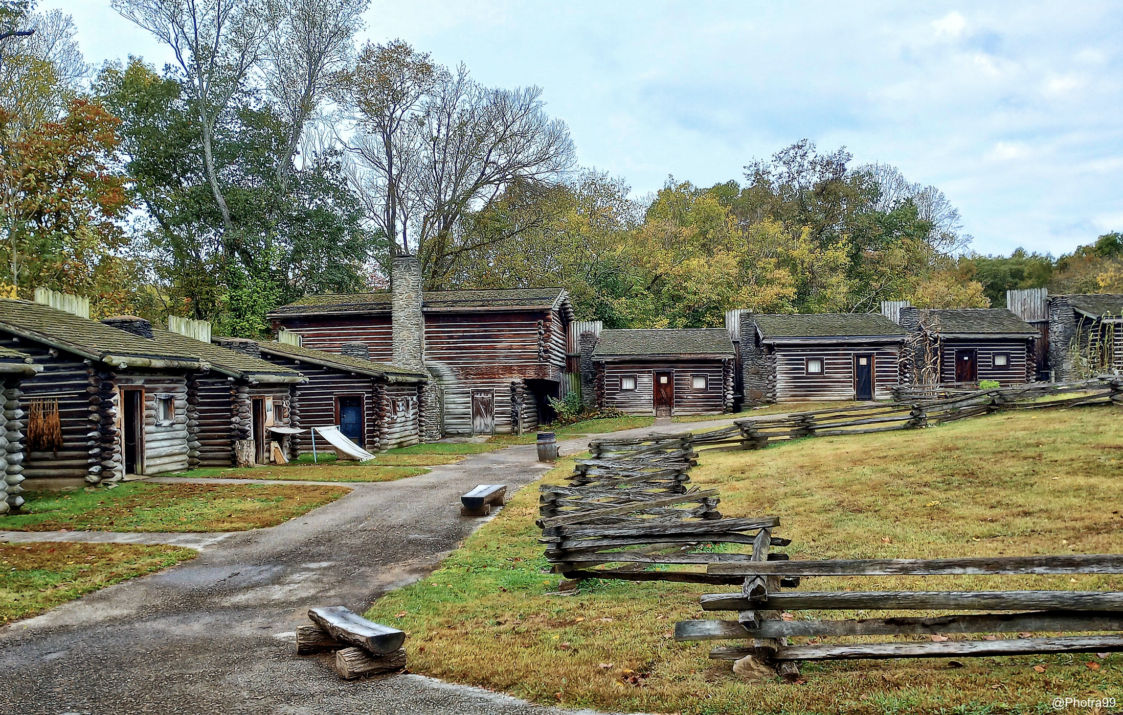 Reconstructed cabins and split-rail fencing at Fort Boonesborough State Park, Madison County, Kentucky